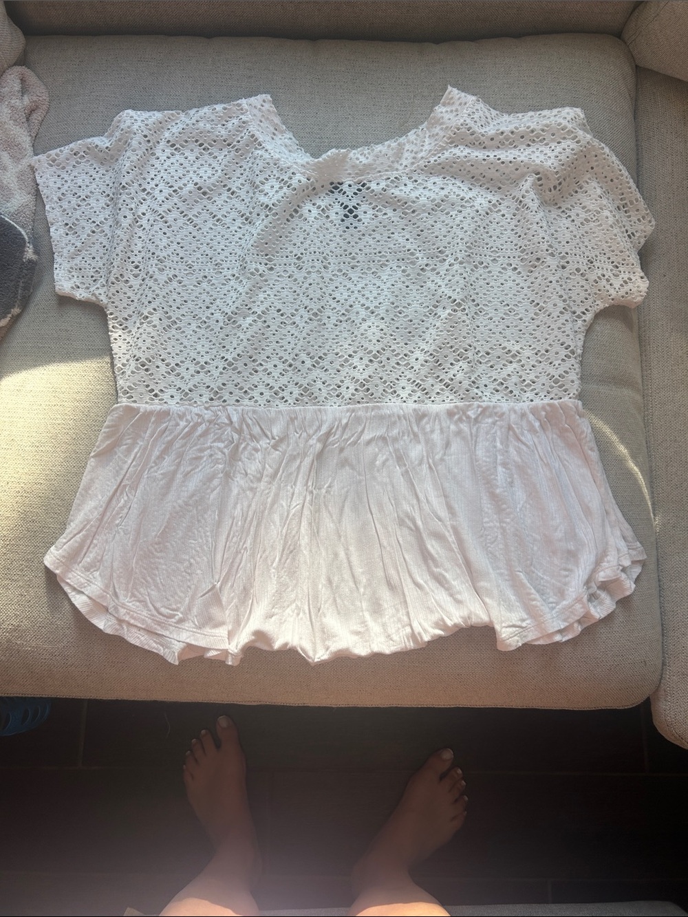Daytrip White Eyelet Lace Peplum Top with Pale Pink Hem